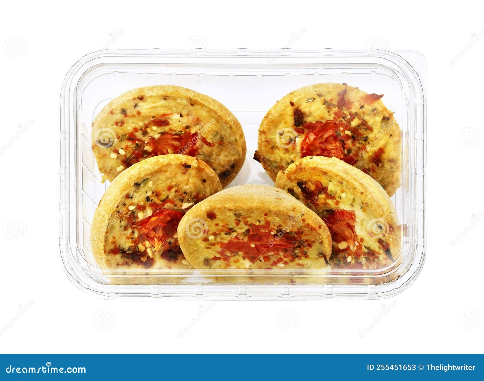 Various Types of Quiches in Plastic Tray, Isolated on White Stock Image