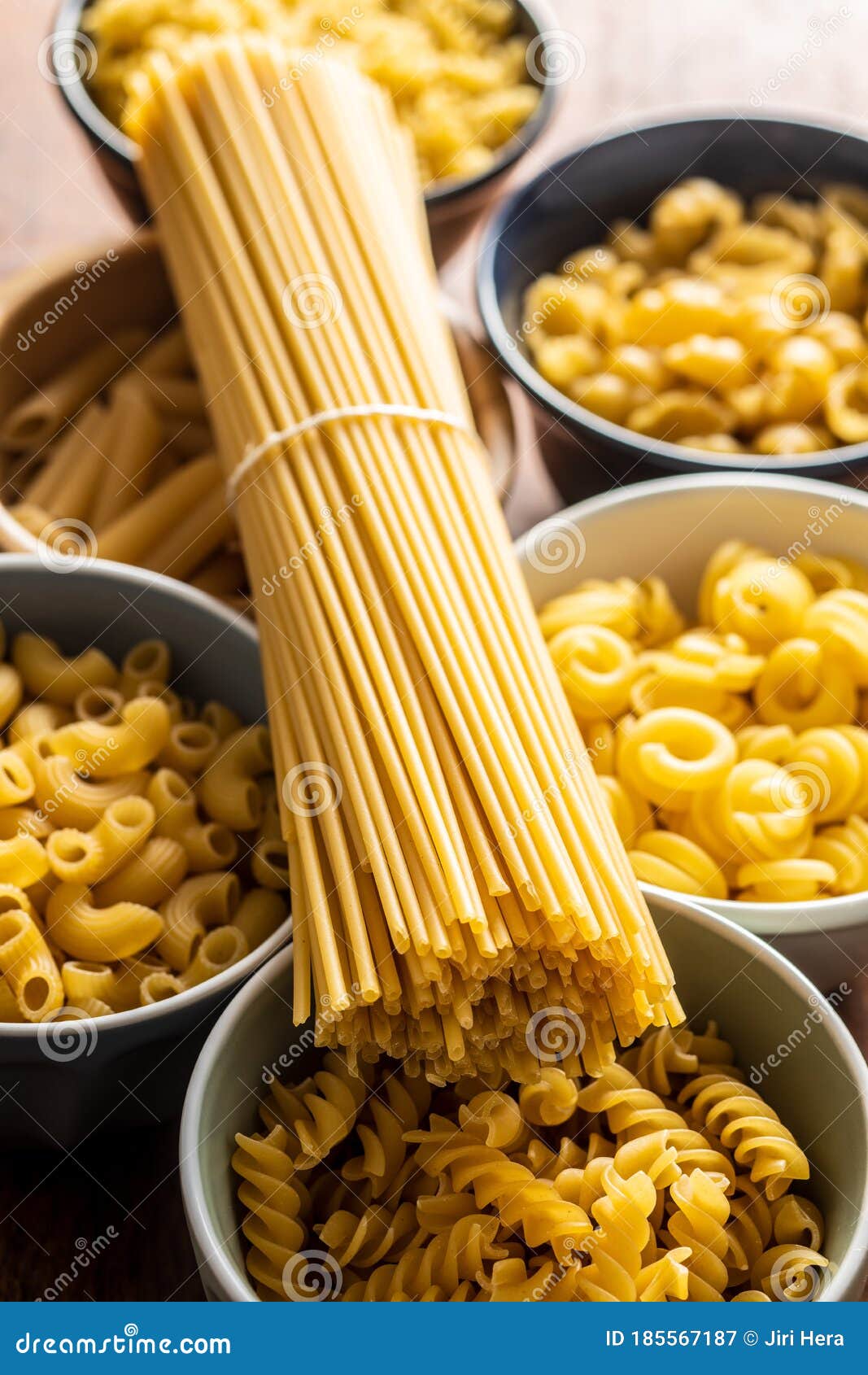 Various Types of Raw Italian Pasta in Bowls Stock Image Image of