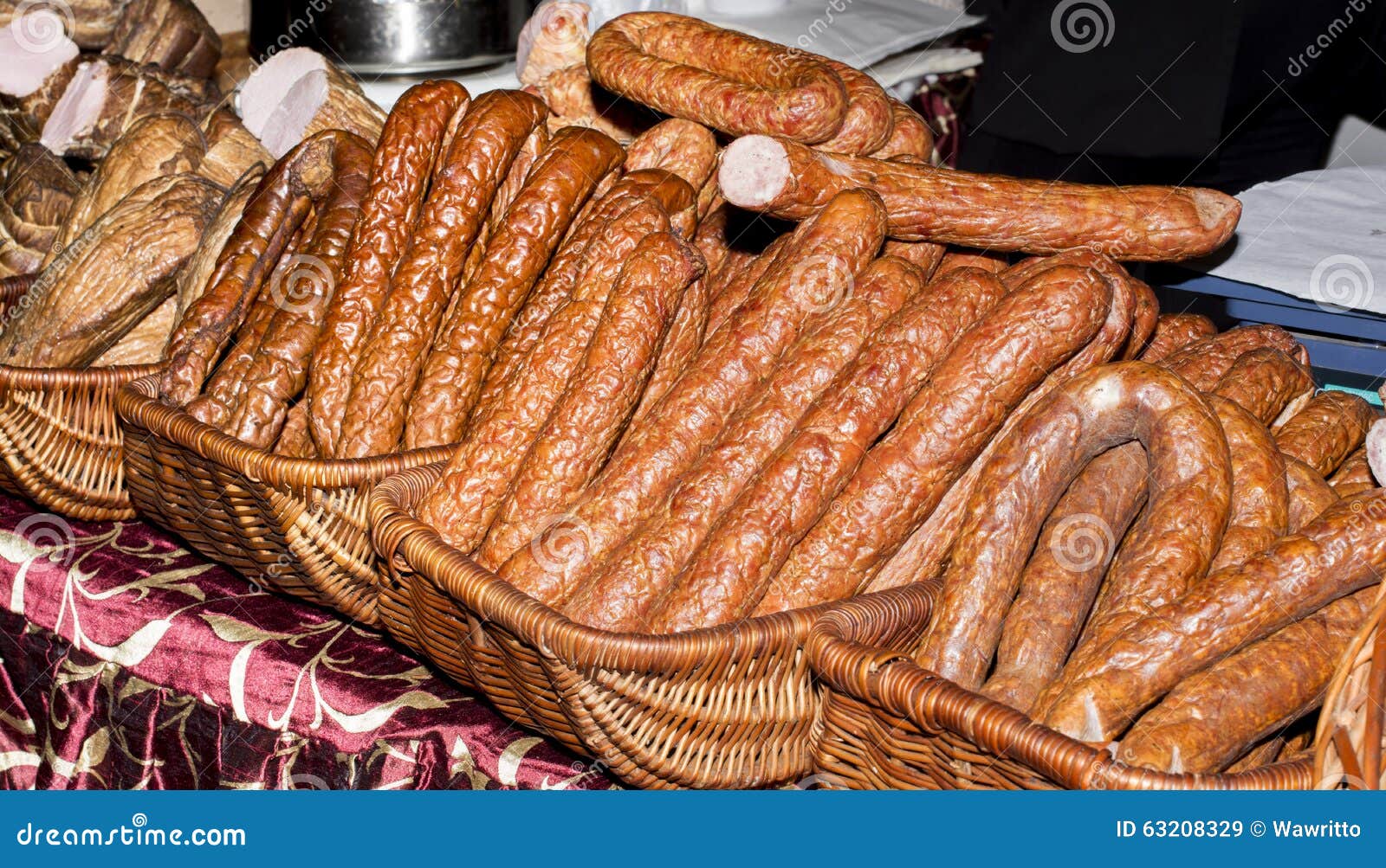 Various Types of Sausages in Baskets Stock Image Image of stall, meal