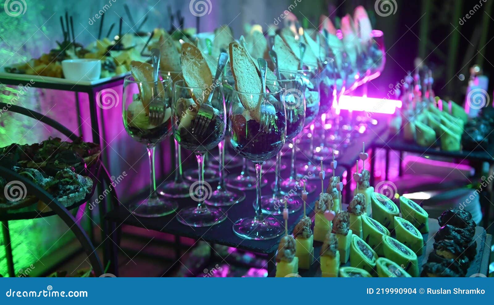 Various Types of Snacks and Drinks for a Fun Party. Buffet Table Stock