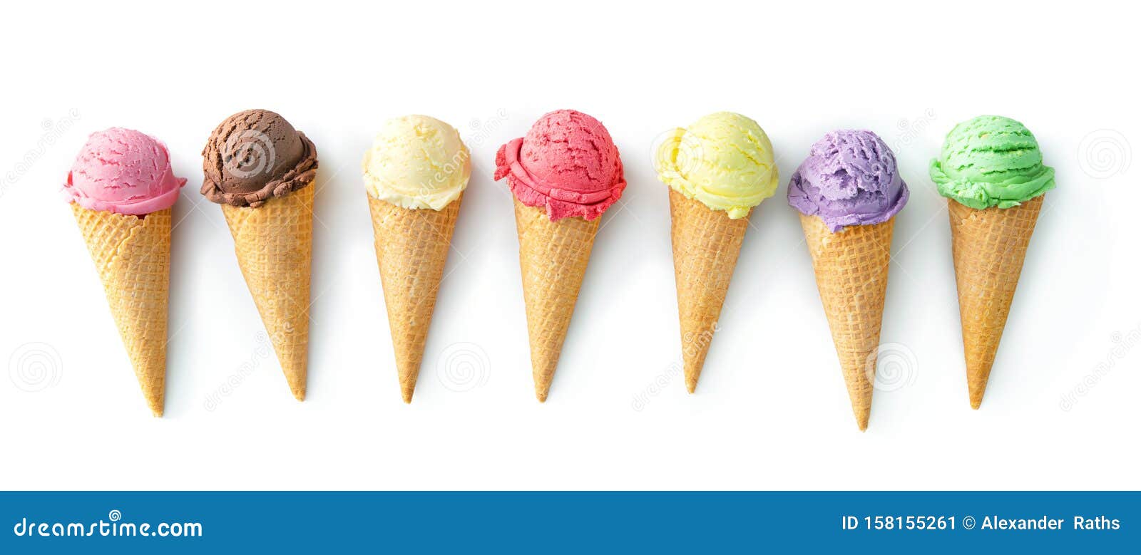 Various Varieties of Ice Cream in Cones Isolated Stock Image Image of