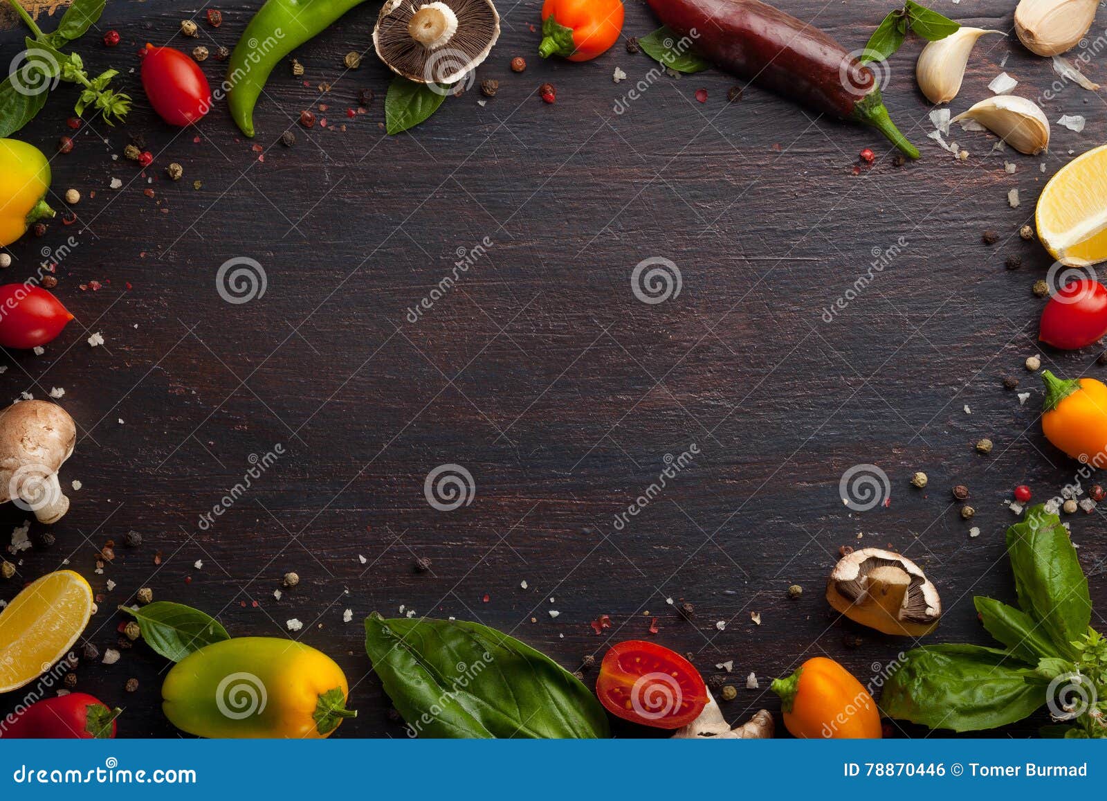 Various Vegetables and Herbs on Dark Wood Table Stock Photo - Image of ...