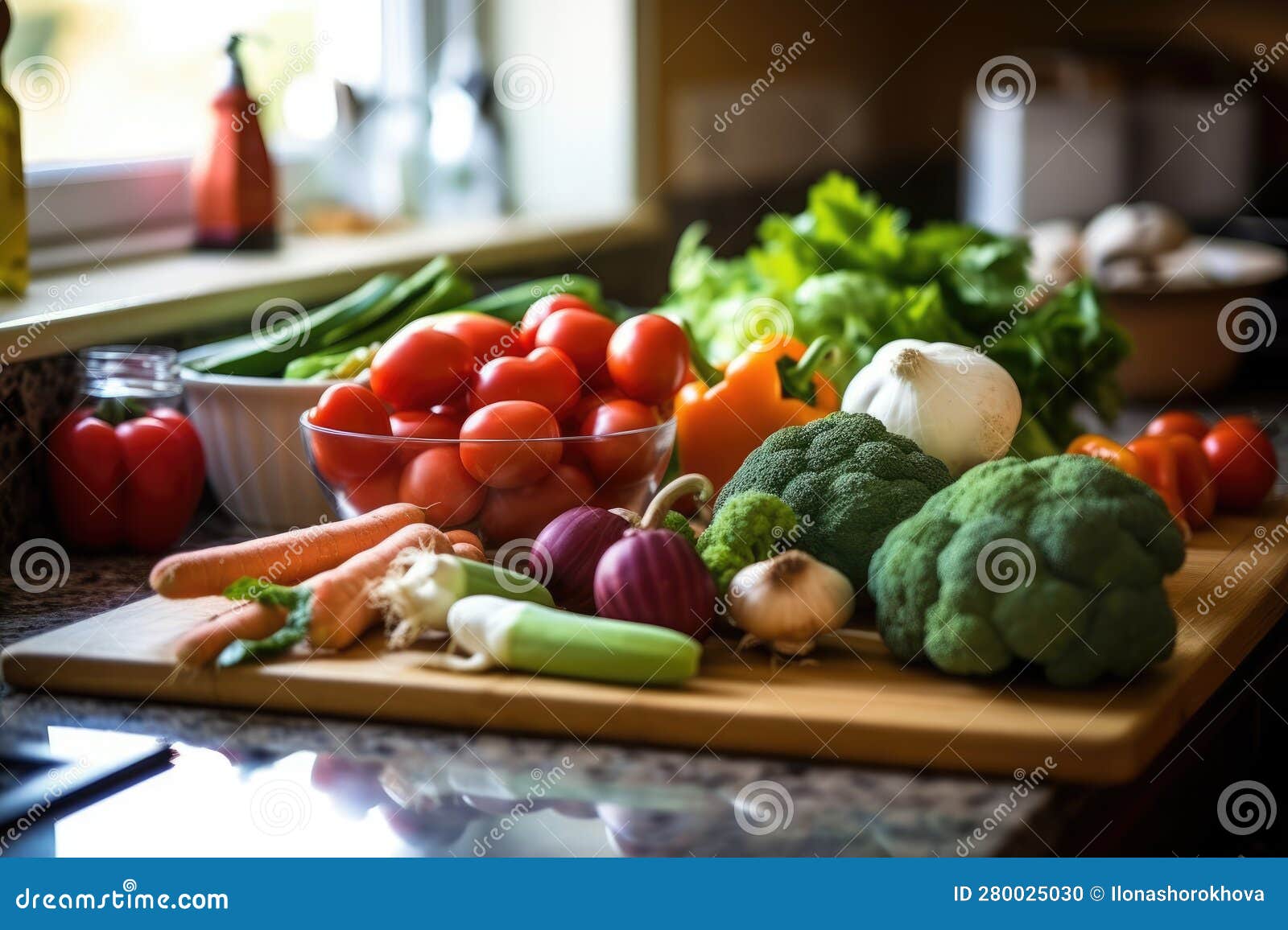 Various Vegetables on Kitchen Counter, AI Generated Stock Illustration