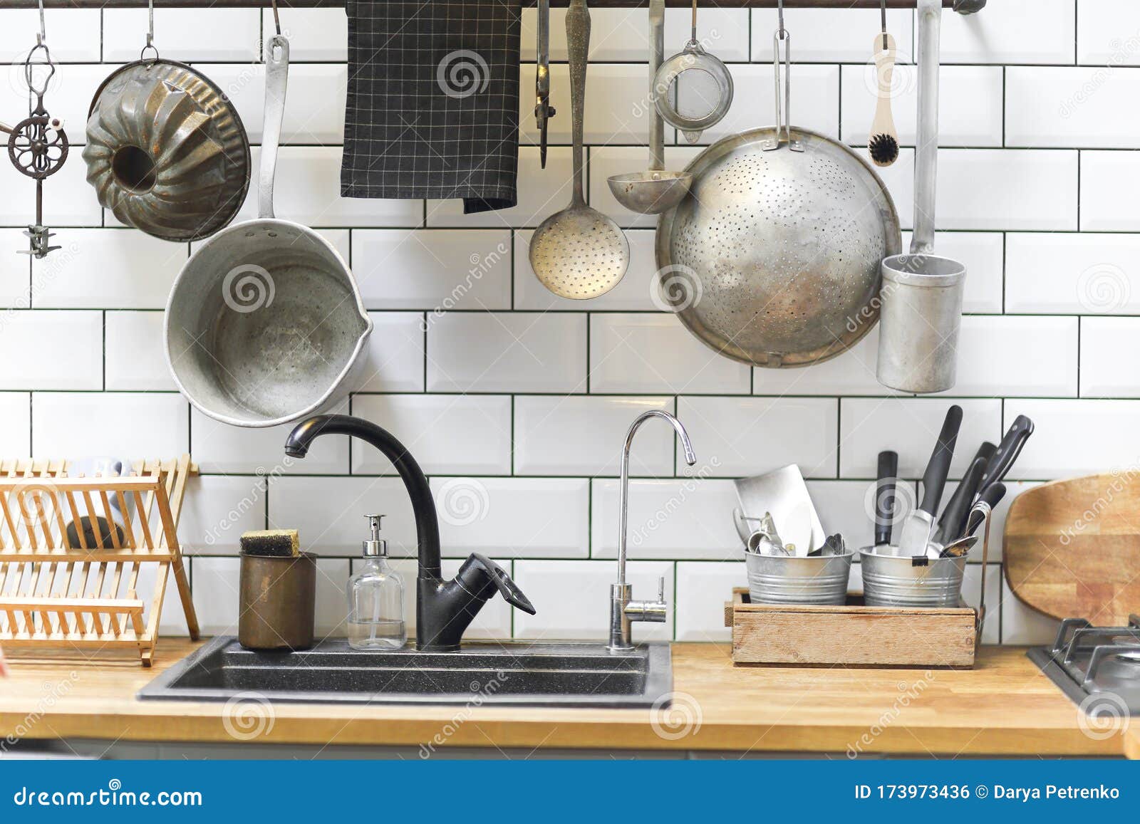 Retro Kitchenware Around Sink at Home Stock Photo   Image of ...