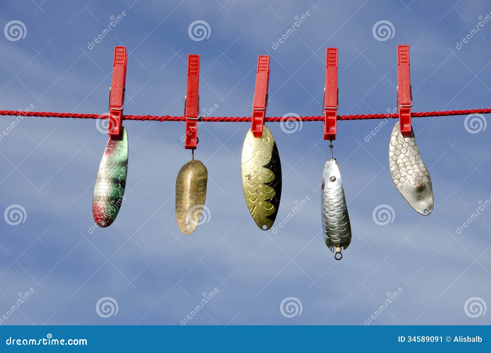 Various Vintage Metal Lures - Spoons on Cloth String and Sky Stock