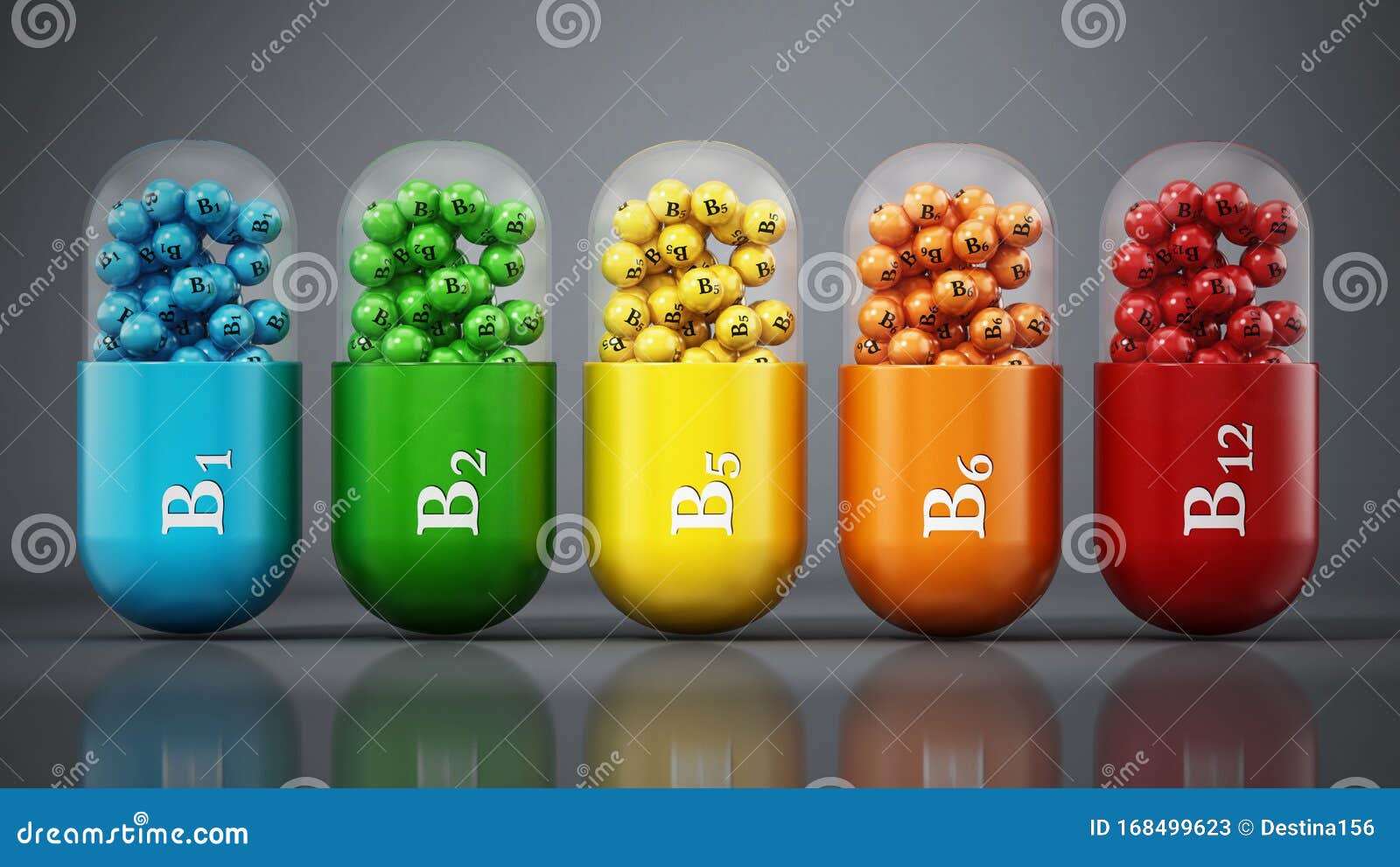various vitamin b pills standing on dark gray background. 3d 