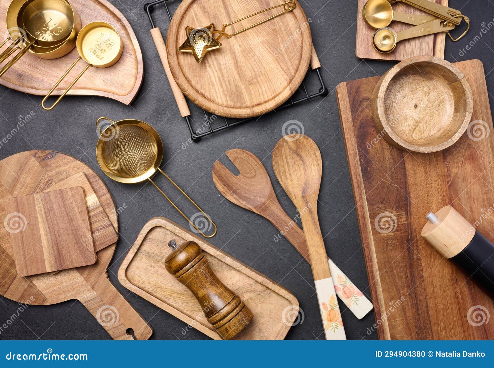 Various Wooden Kitchen Utensils on Black Background, Top View Stock Photo Image of mill