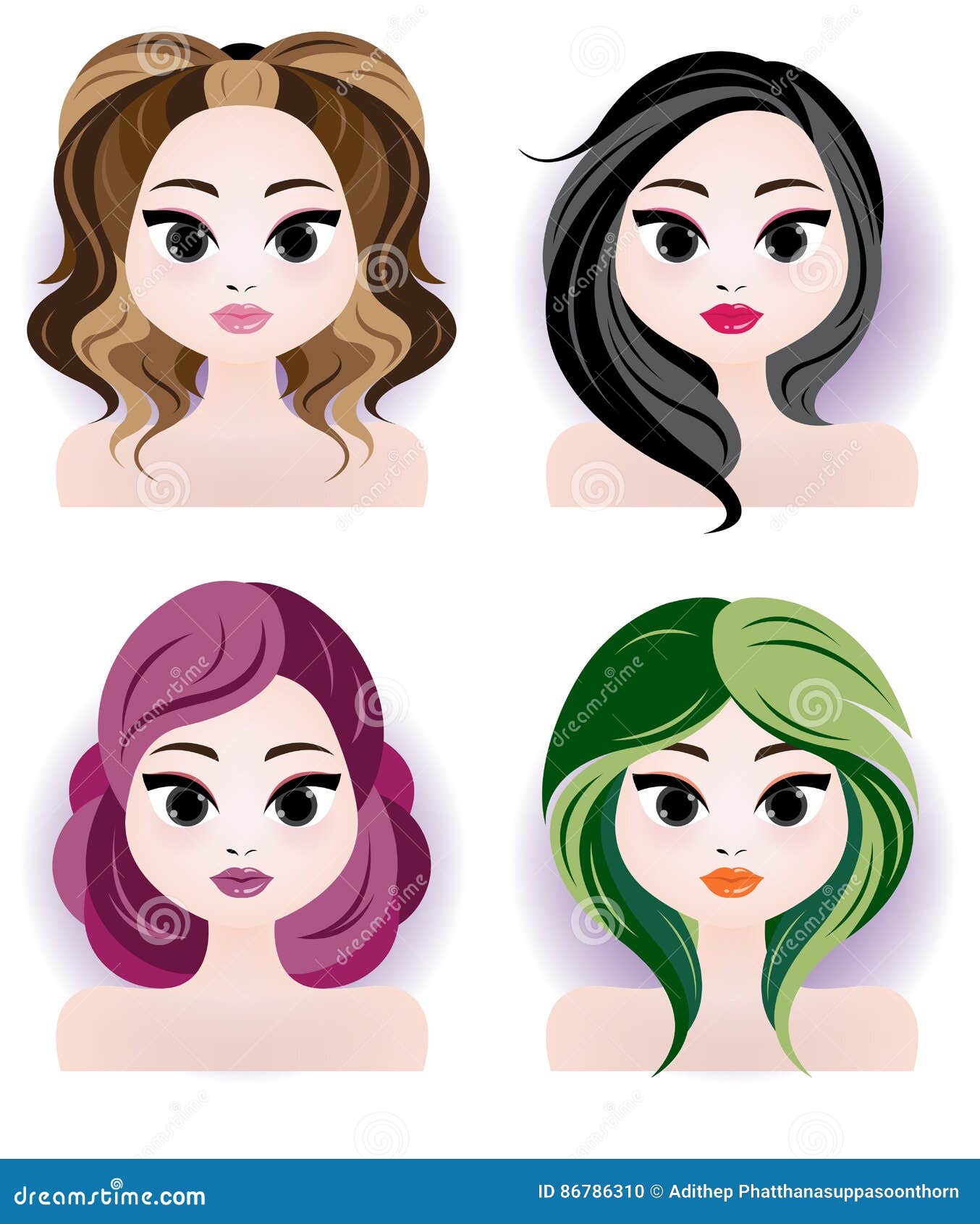 Various Young Women Long & Short Hair Style Icon, Logo Women Face