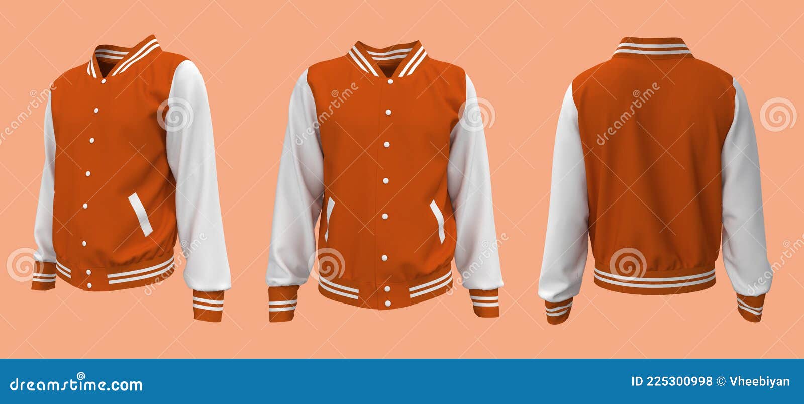 Varsity Jacket Mockup in Front, Side and Back Views Stock Illustration ...