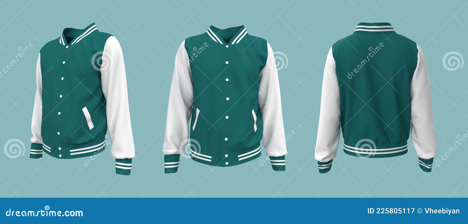 Varsity Jacket Mockup in Front, Side and Back Views Stock Illustration ...