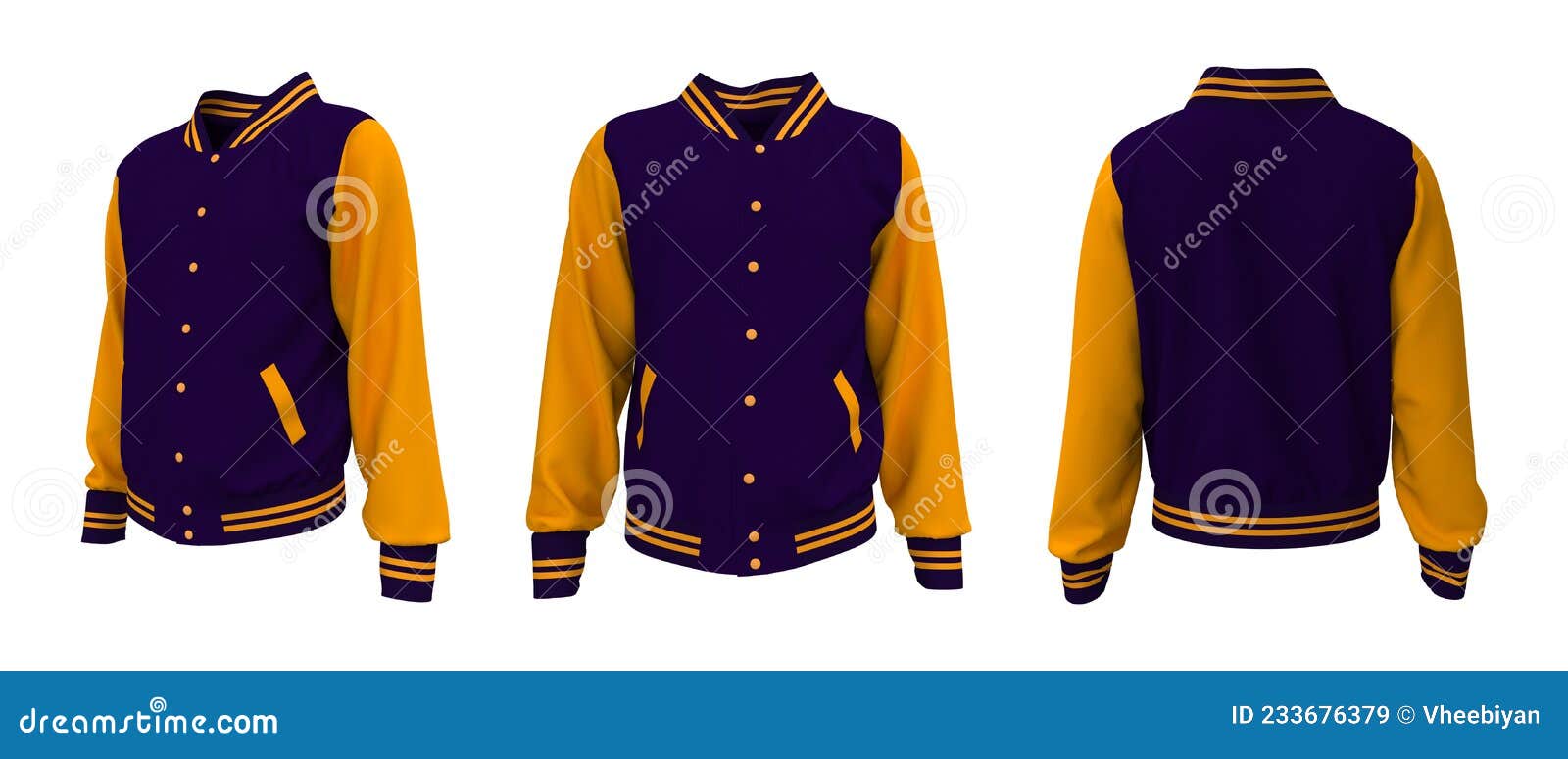 Varsity Jacket Mockup in Front, Side and Back Views Stock Illustration ...