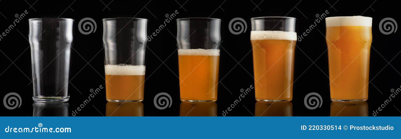 varying degrees of fullness of glass with beer with foam, from empty to full