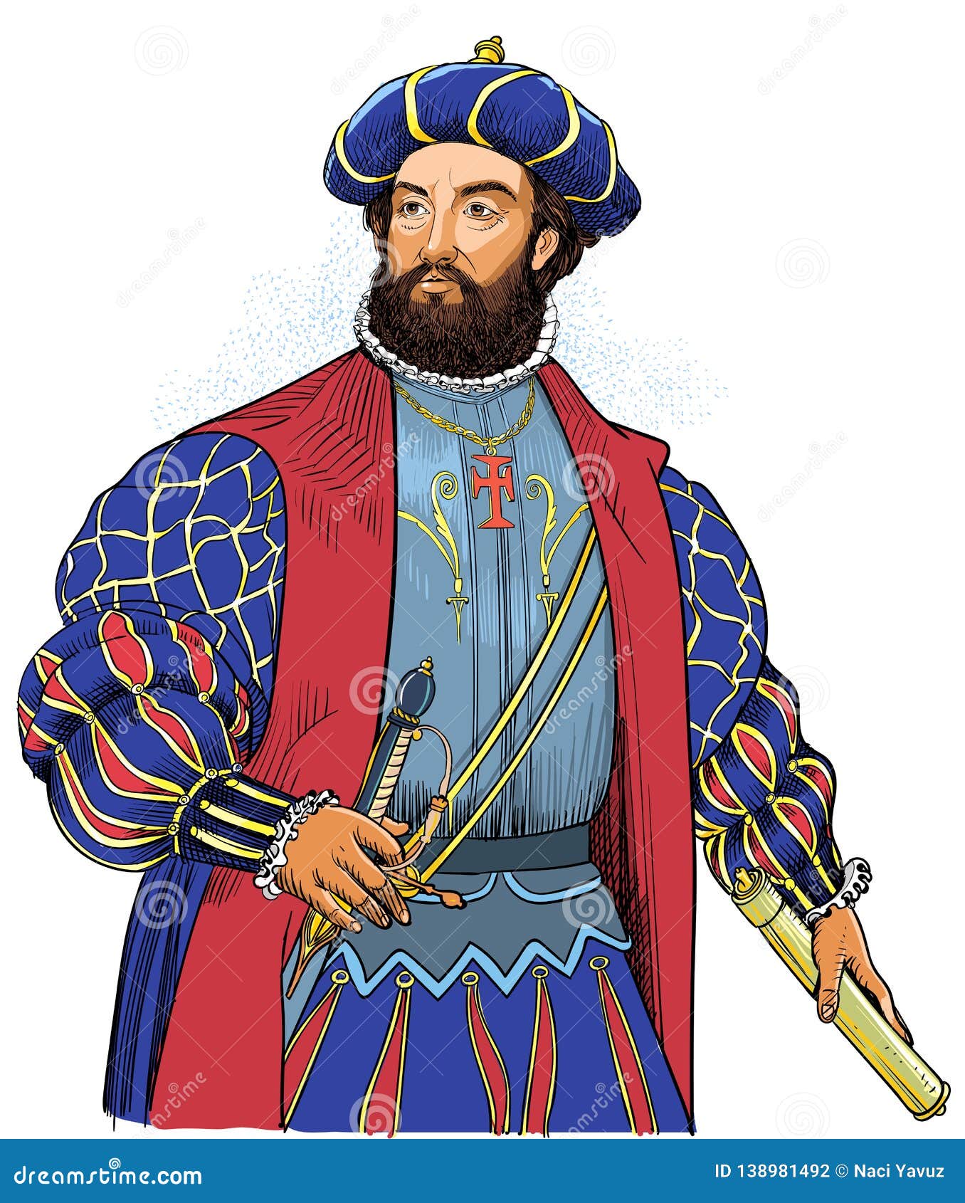 vasco da gama colored portrait in line art . editable layers.