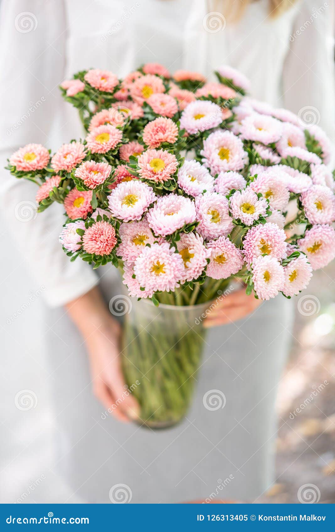 Vase with Beautiful Aster Flower Bouquet in Womens Hand. Vase with Summer  Flowers at Nature Background Stock Image - Image of background, bouquet:  126313405