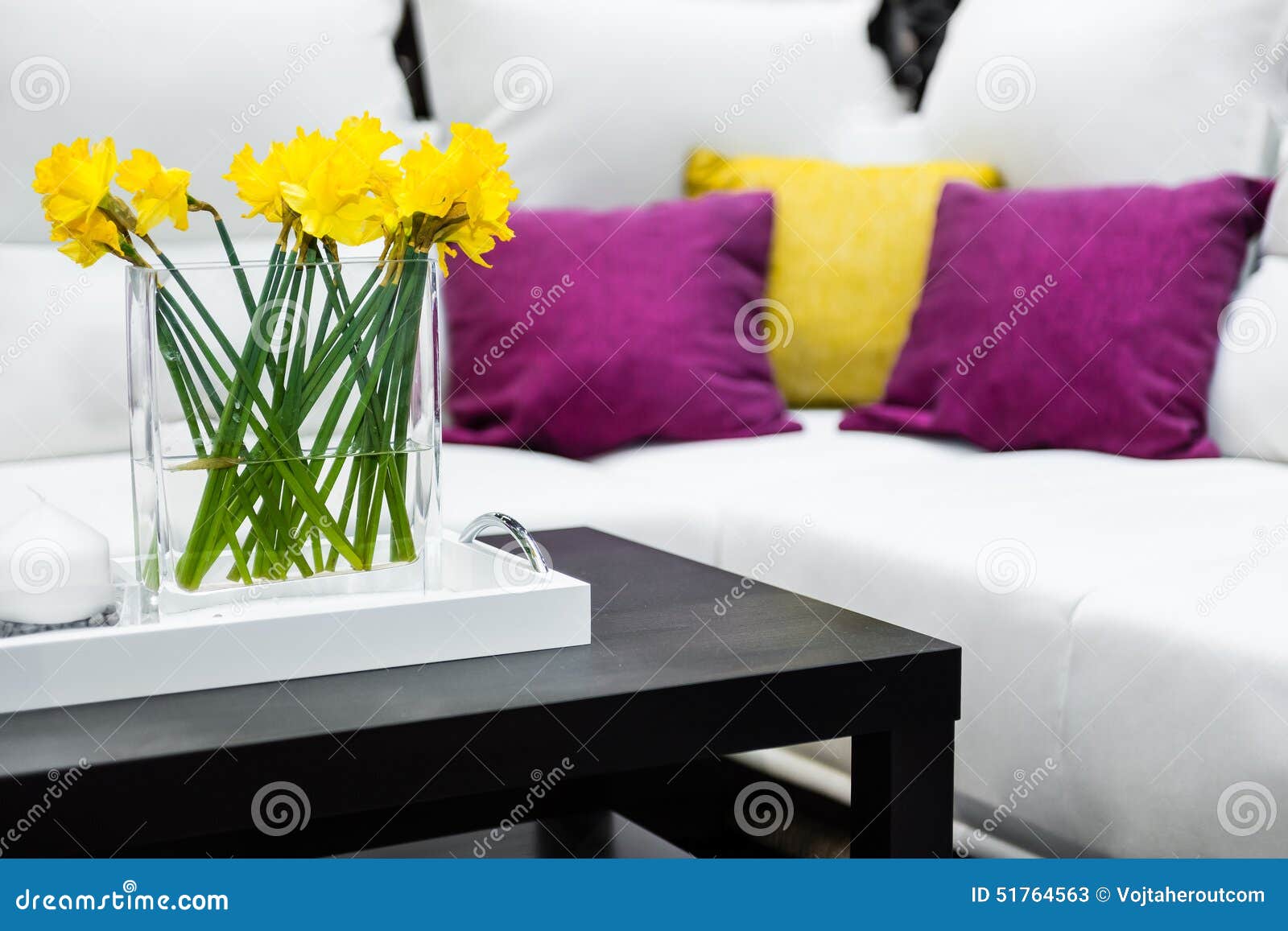 Vase with Daffodil Flowers in Front of White Sofa Stock Image Image
