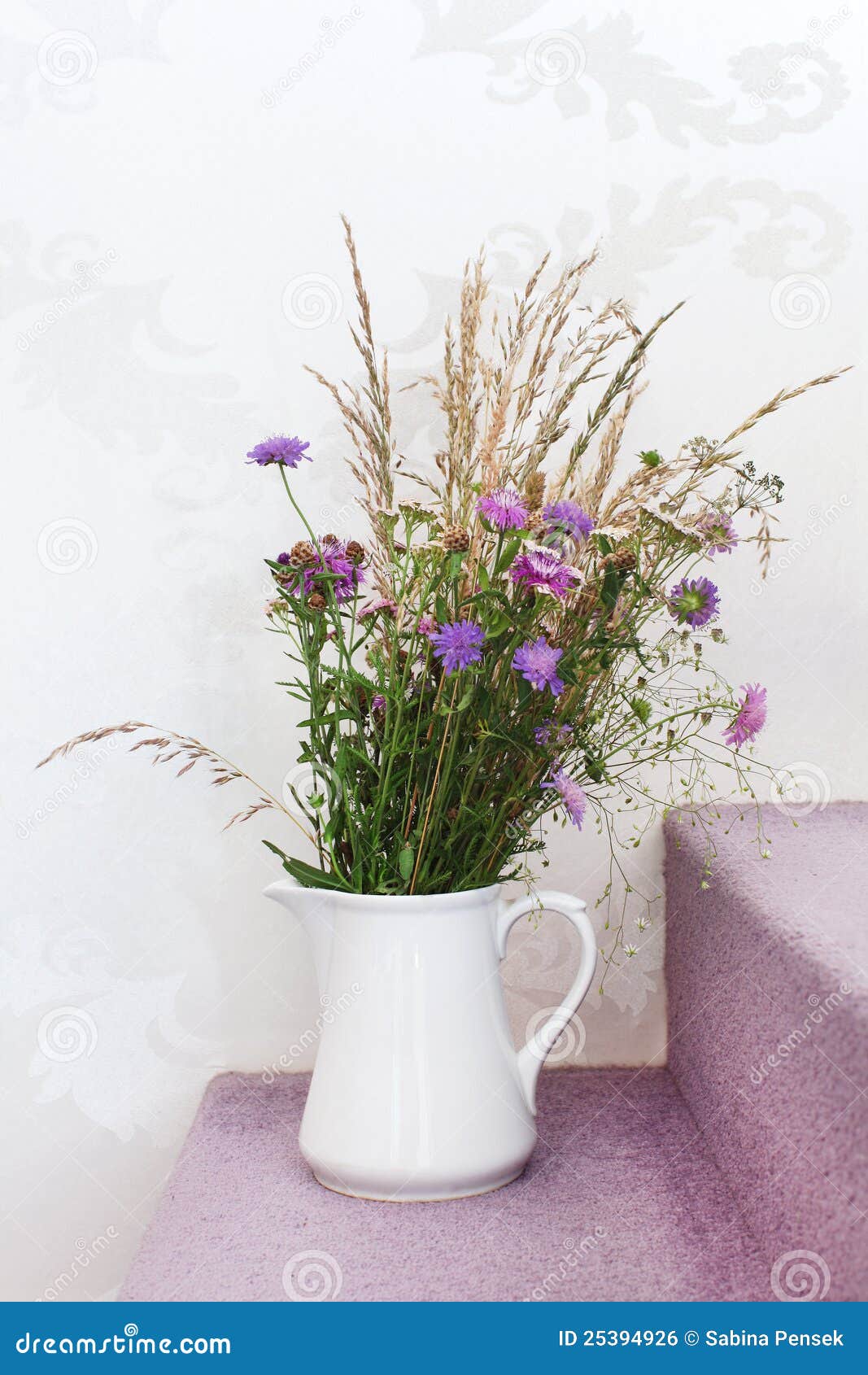 Vase with Field Flowers Against Wallpaper Wall Stock Photo Image of wild, design 25394926
