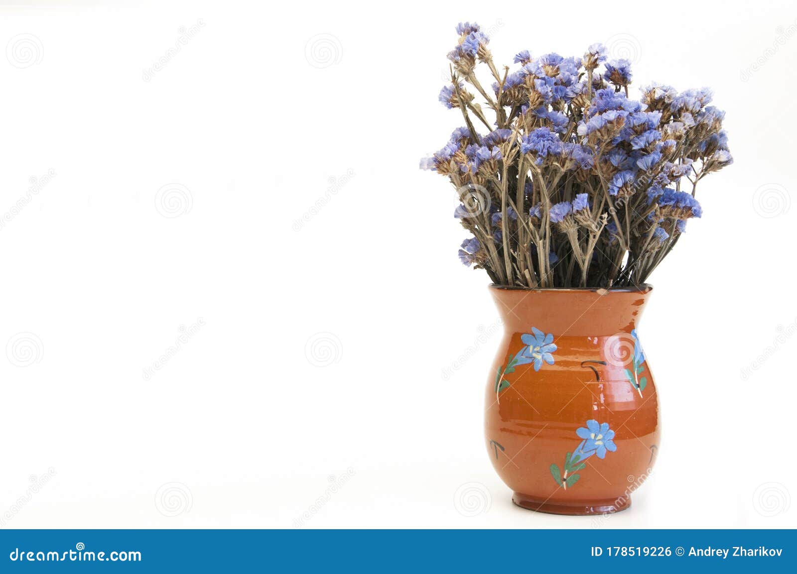 Vase with Flowers. of Blue Color. Dry Flowers. on a White Background