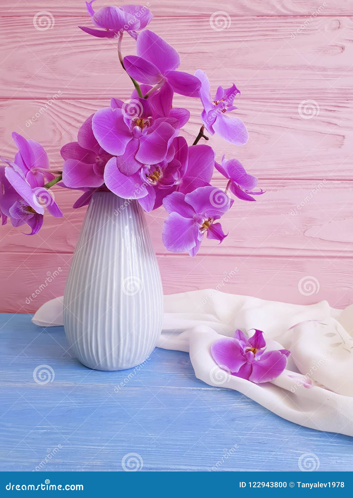 Vase Orchid Flower Bouquet Vintage Modern Decorate Elegance Arrangement On A Wooden Background Stock Photo Image Of Congratulation Beauty 122943800