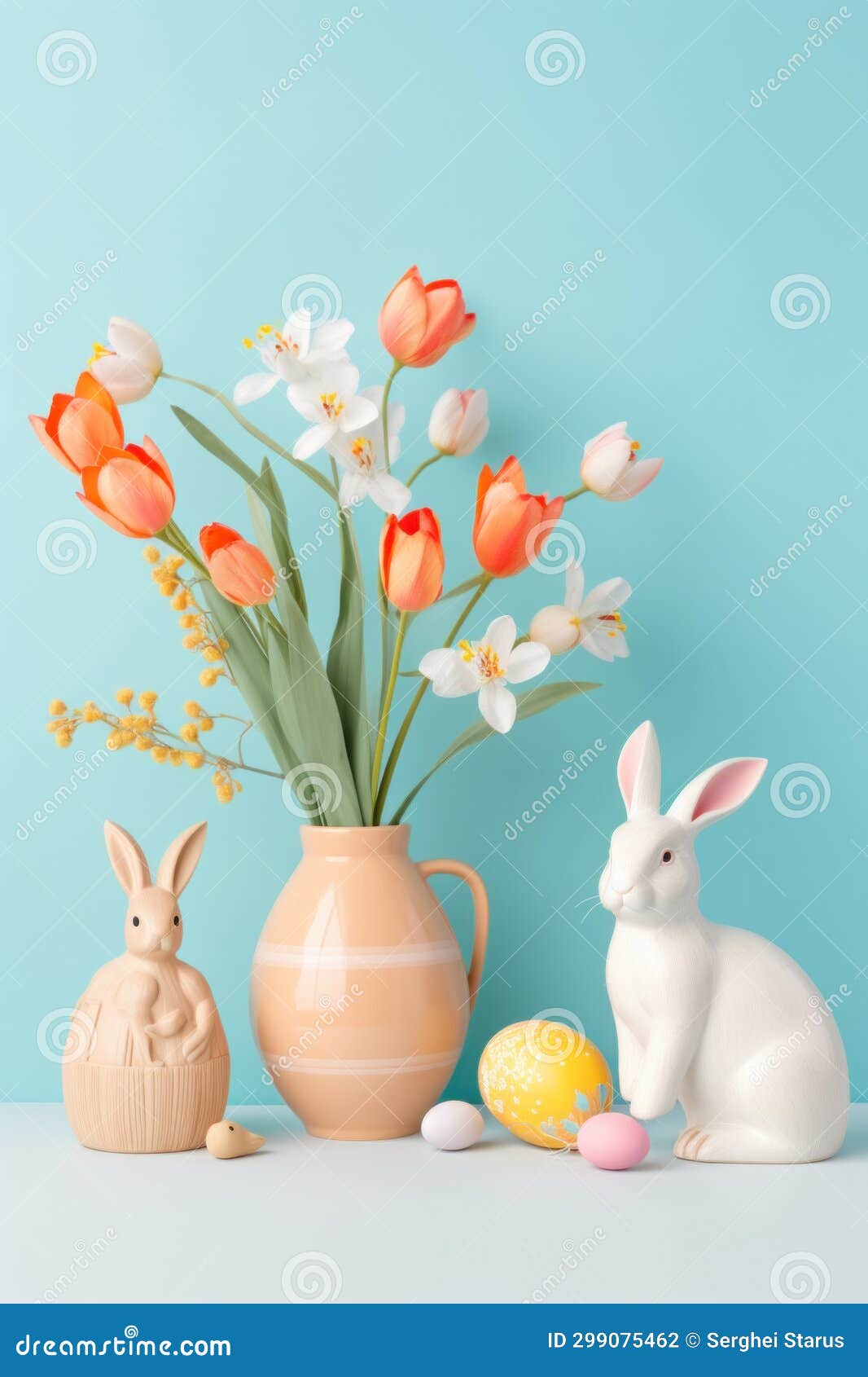 A Vase with Some Flowers in it Next To a Bunny, AI Stock Illustration