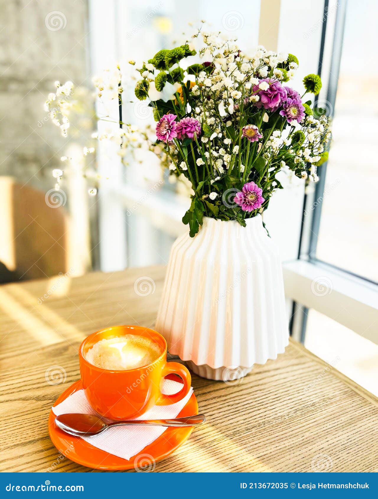 Vase with Wildflowers and Americano, on a Table Stock Image Image of
