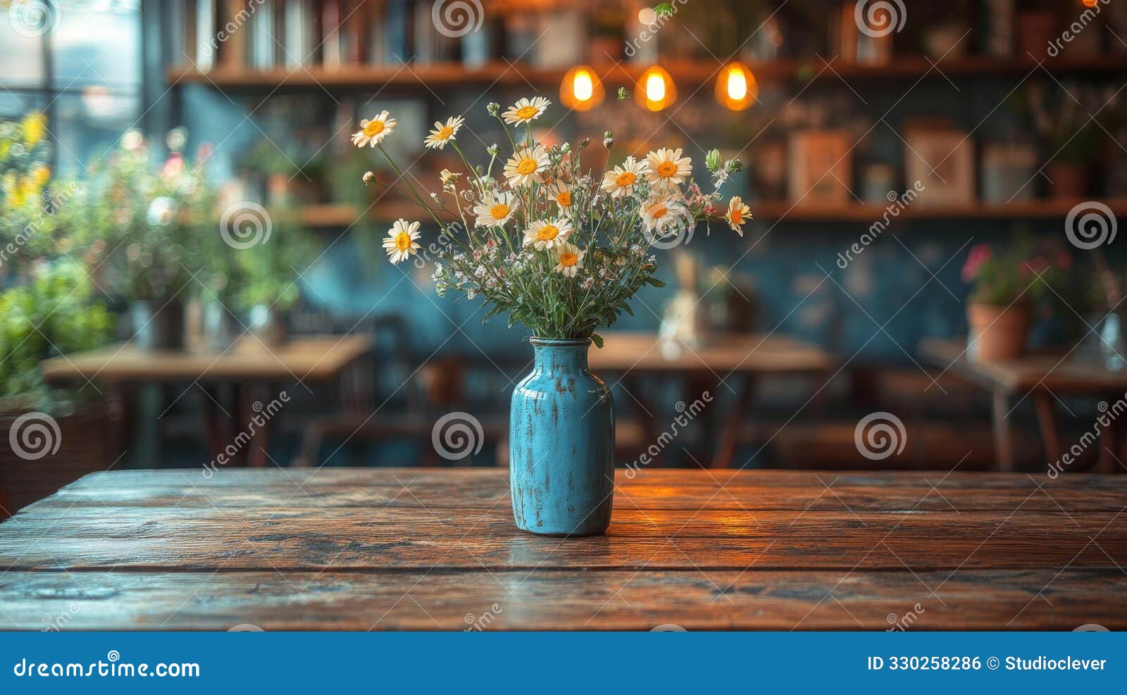 vase of wildflowers in a cozy cafe - generative ai
