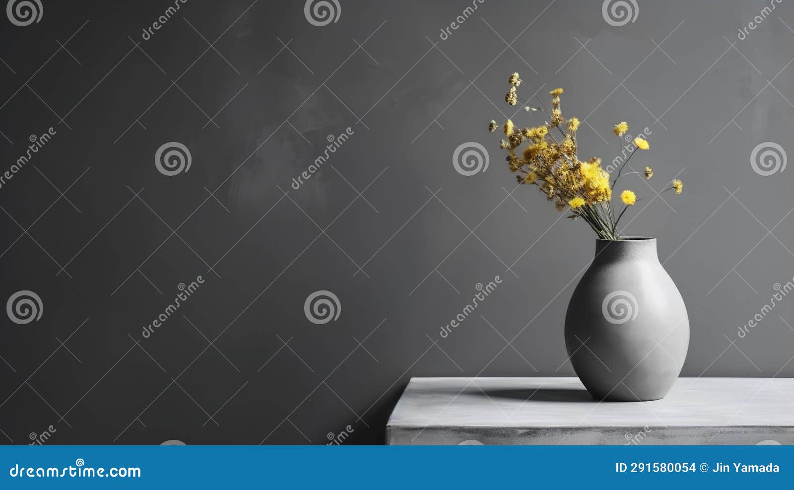 Vase with Yellow Flowers on Grey Wall Background. 3d Render Stock