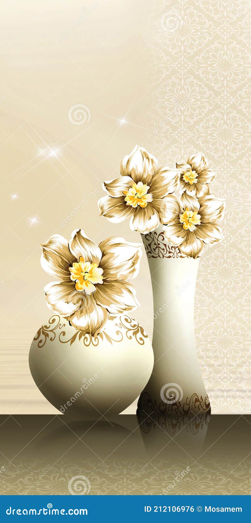 Vases De Ilustração 3d . Flores Douradas E Fundo Claro . Pintura De Tela  Para Estrutura De Parede . Ilustração Stock - Ilustração de ninguém,  interior: 212106976