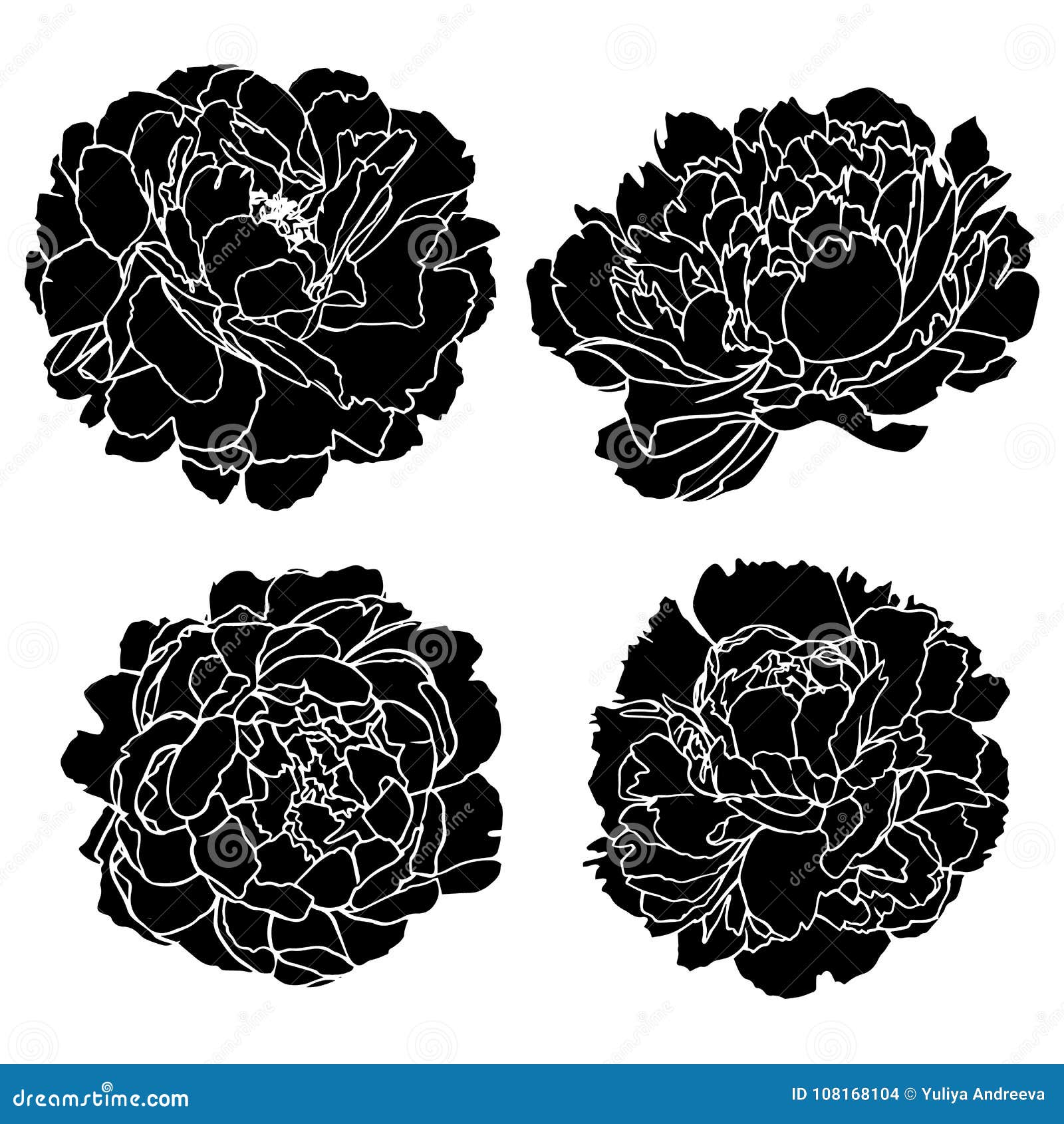 Vastgestelde vectorsilhouetten van hand getrokken geïsoleerde pioenbloemen