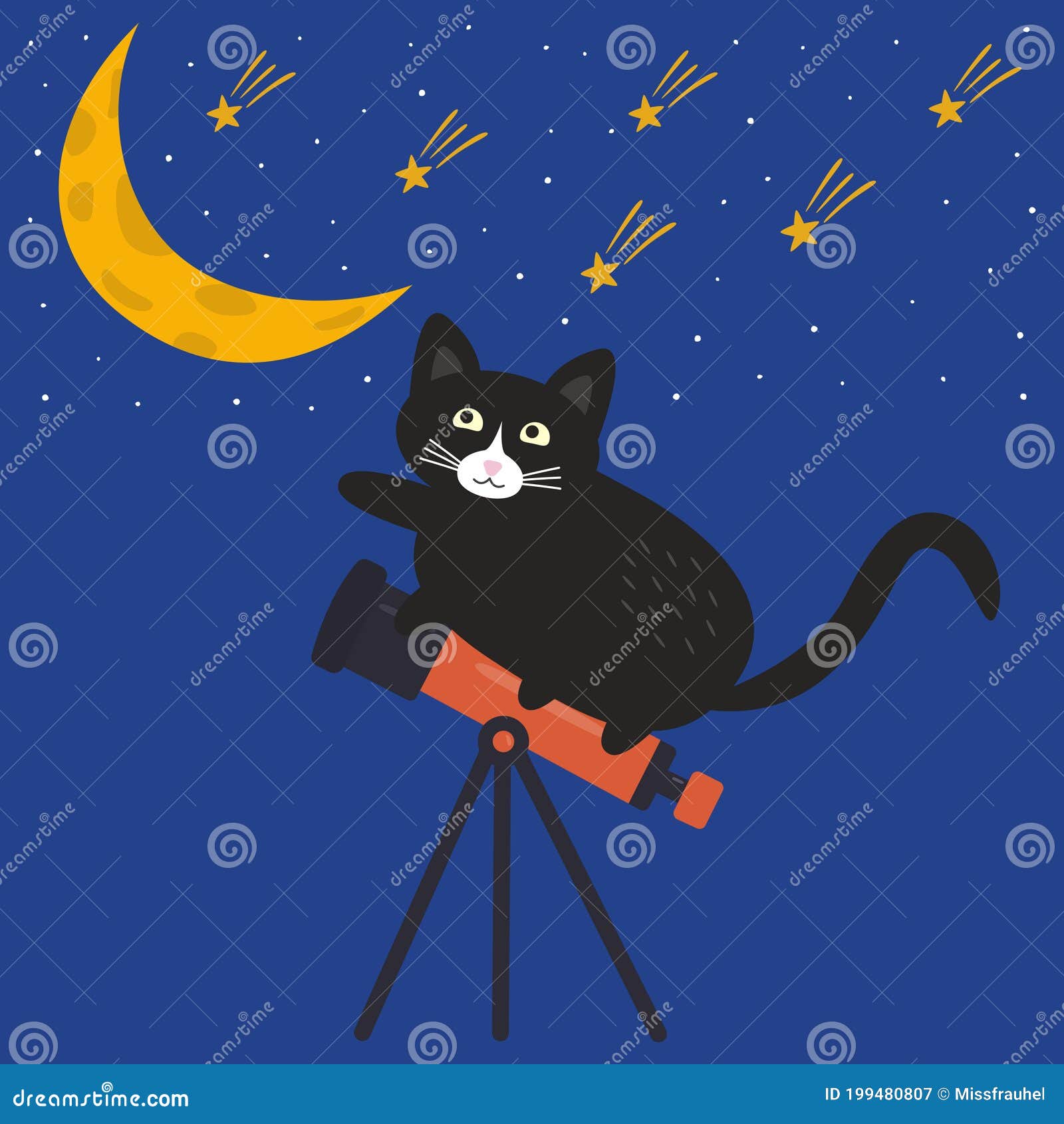 Cute Black Cat is Sitting on a Telescope and Pulls His Paw To the Moon ...