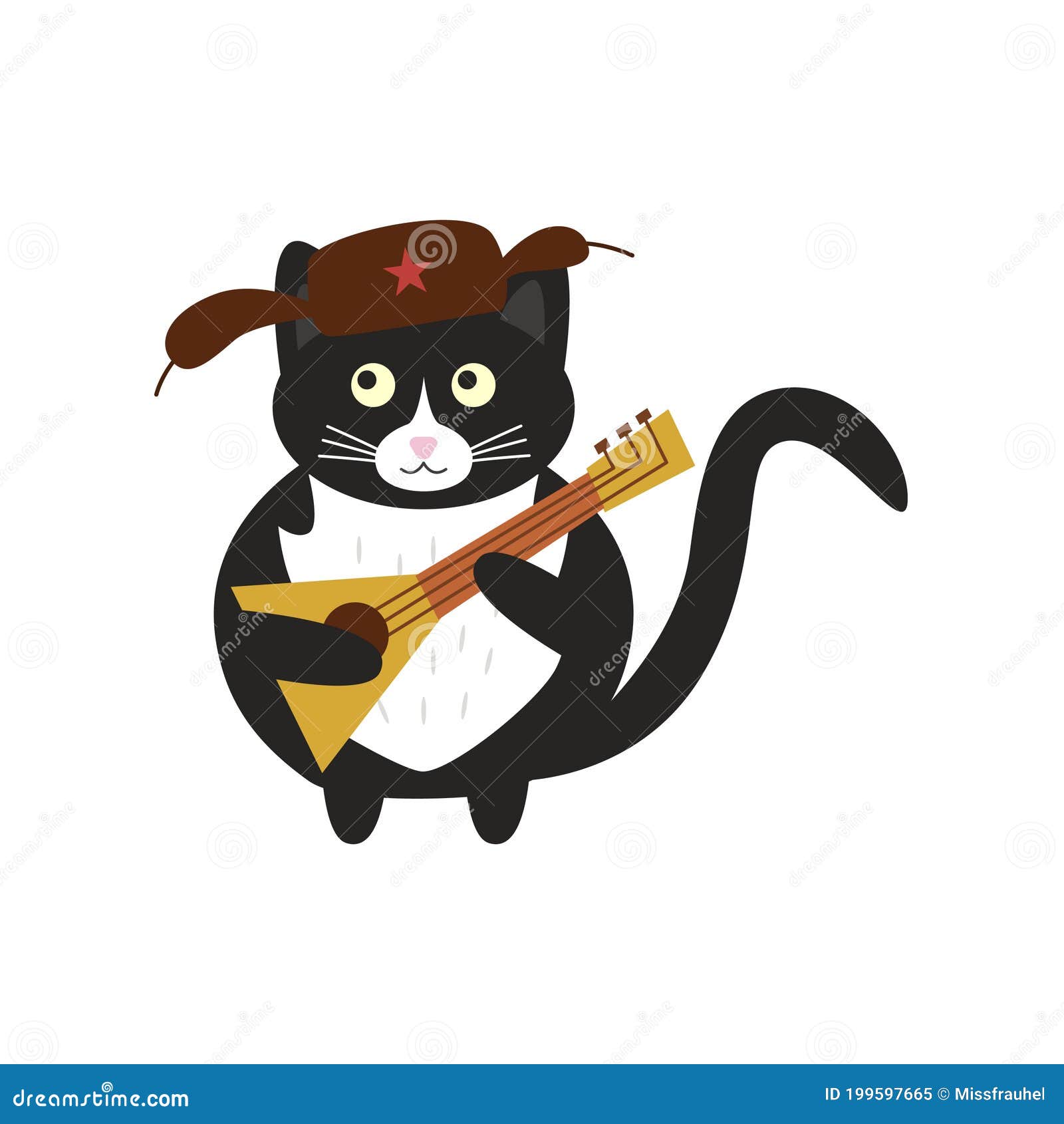 Сute Russian Black Cat with a Balalaika in a Cap with Earflaps Stock