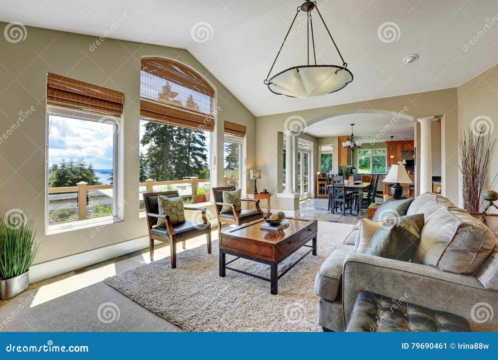 Vaulted Ceiling Living Room Interior In Luxury House Stock Image