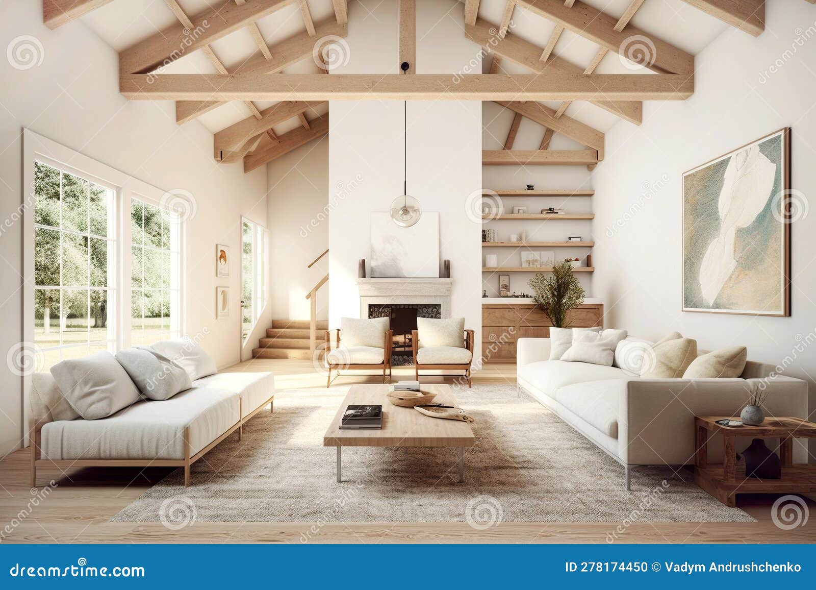 Vaulted Ceiling in Room with Two White Sofas and Armchairs. Interior