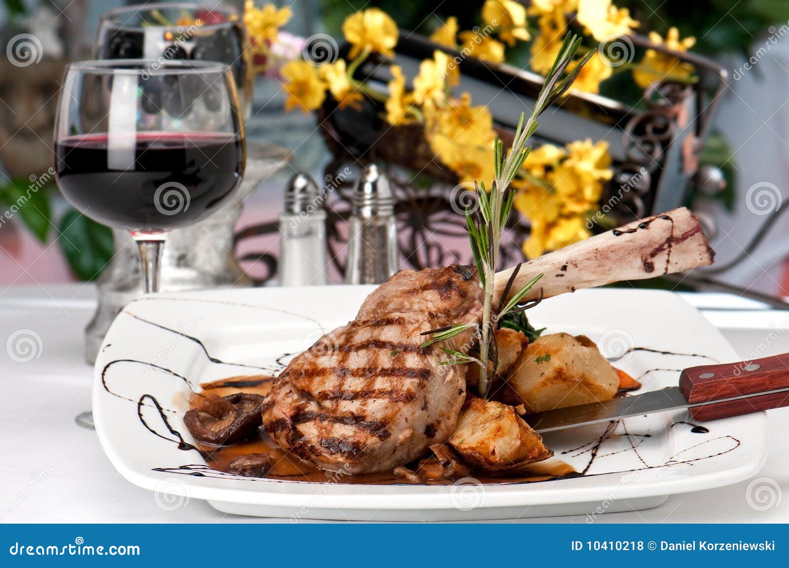 Veal Chop dinner and wine stock photo. Image of fine 10410218