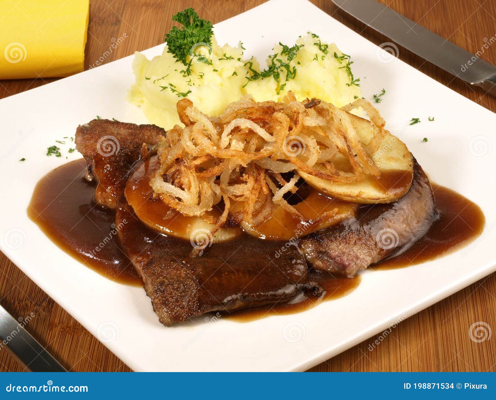 Veal Liver Berlin Style Isolated on White Background Stock Photo