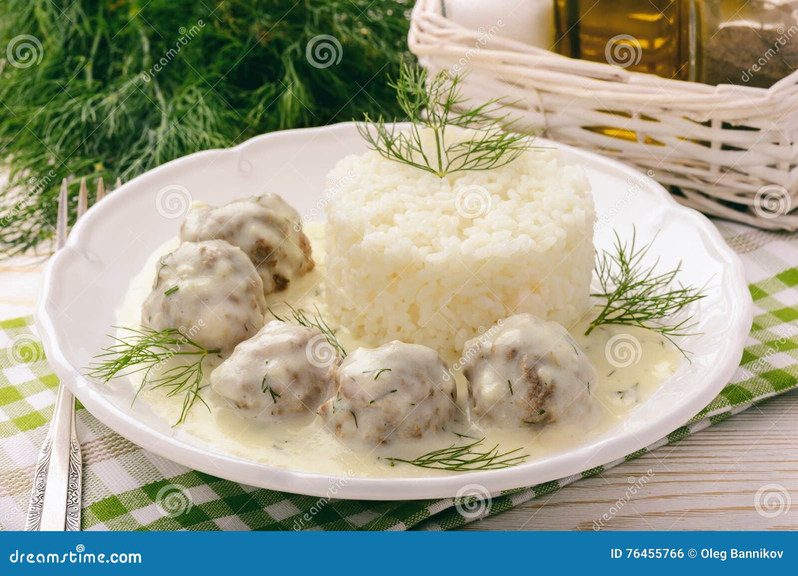 Veal Meatballs with Dill Sauce and Boiled Rice. Stock Photo Image of