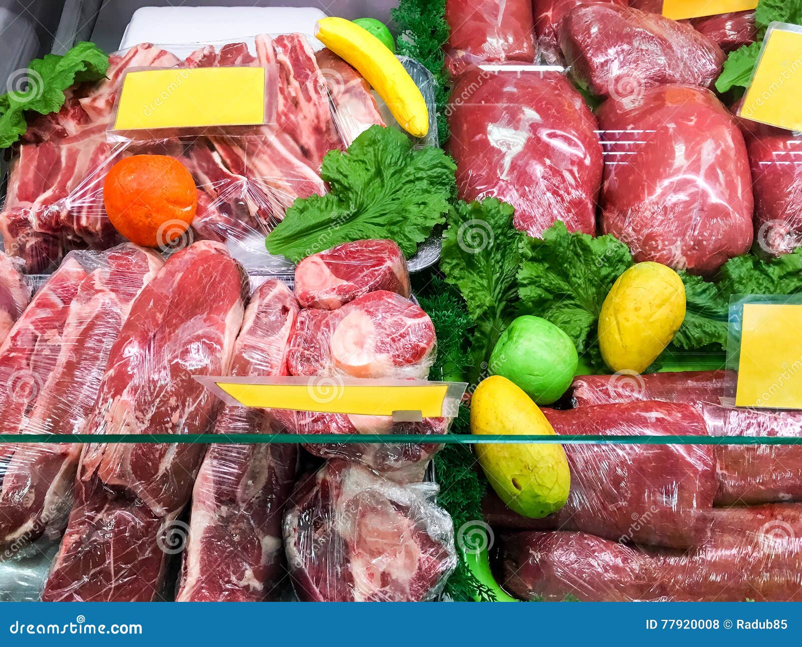 Veal, Pork and Lamb Red Meat for Sale in Butcher Shop Stock Photo
