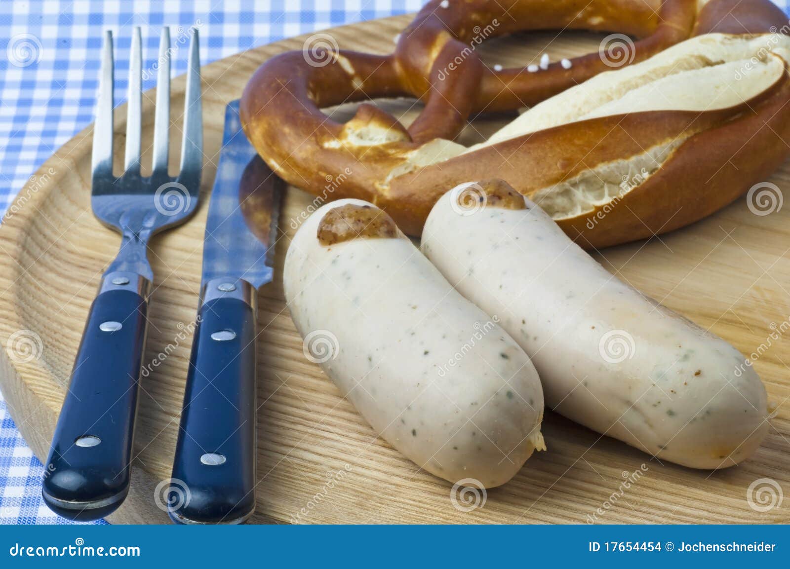 Veal sausage with pretzel stock photo. Image of food 17654454