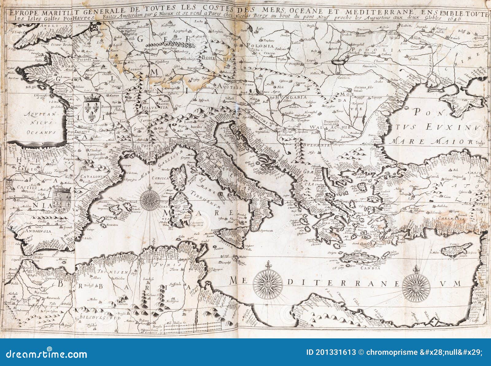 Vecchia mappa dell'Europa meridionale da un atlante di geografia 1656 p. Raccolta privata val del du Francia