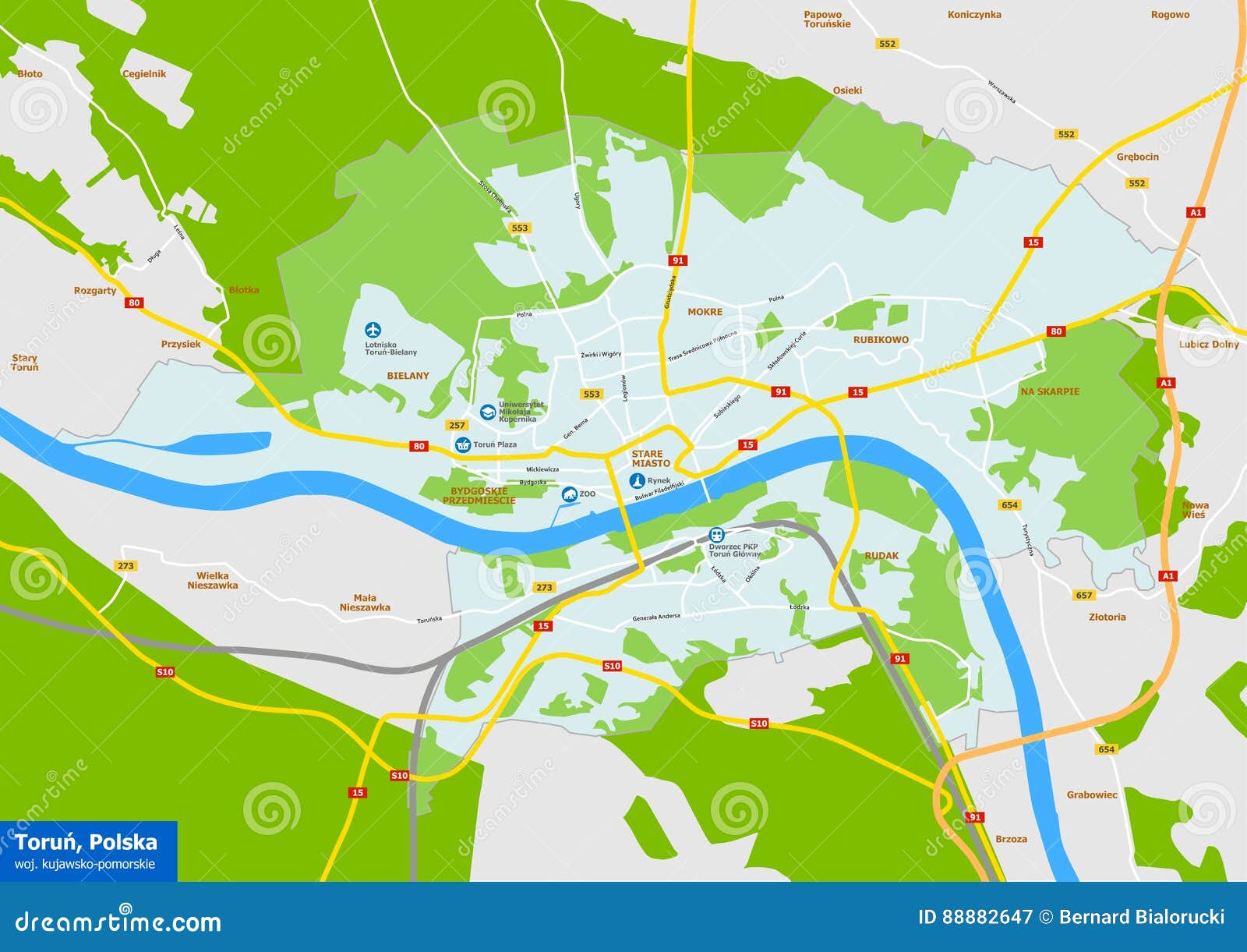 vecor map of torun city - poland - kujawsko-pomorskie province - polish labels