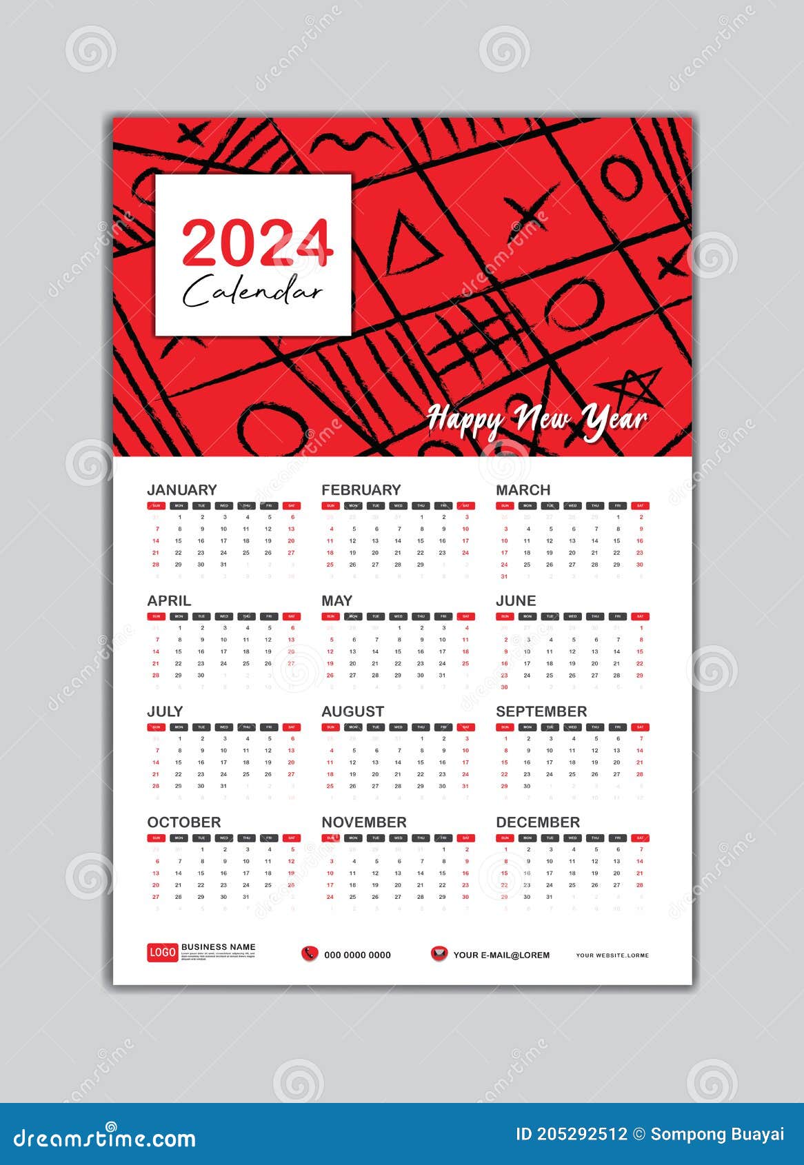 Modèle De Calendrier 2024, Calendrier Mural 2024 Vecteur