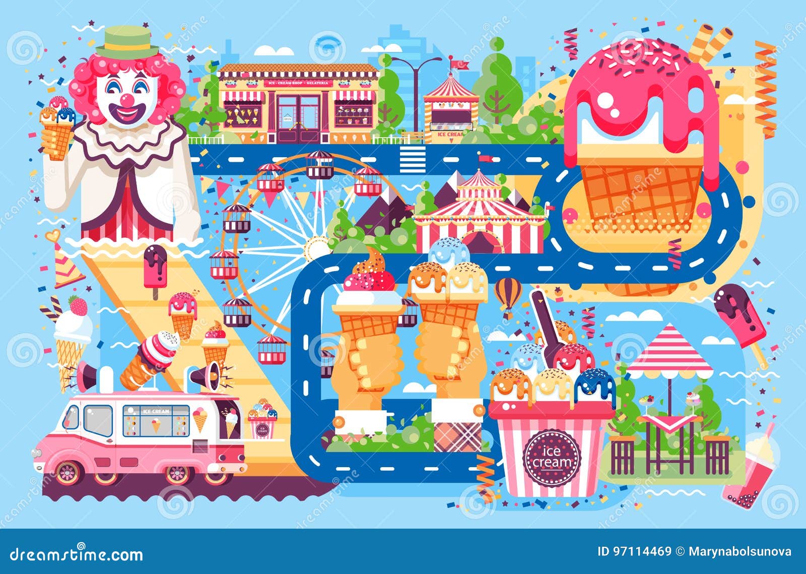 Карта сладость. Карта сладостей. Аттракцион из сладостей. Площадь с развлечениями и сладостями для детей. Еда в парке аттракционов рисунок вектор.