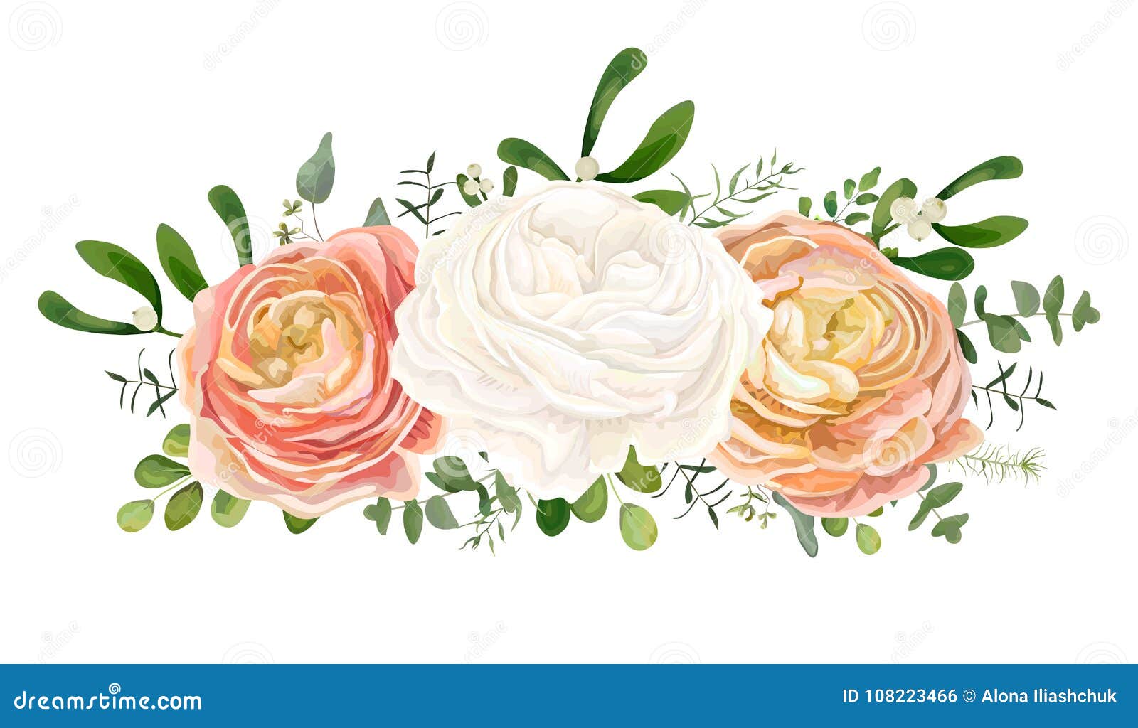 Vector флористический букет с белым пинком, цветок E лютика персикаИллюстрация вектора - иллюстрации насчитывающей чертеж, элегантность:108223466
