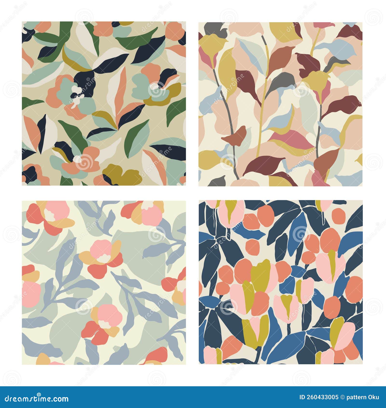 Vector Abstract Flower and Leaf Illustration Seamless Repeat Pattern 4