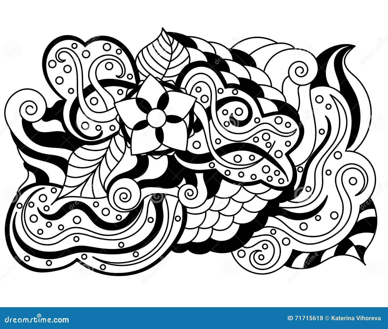 Vector abstract hand-drawn floral texture, wavy background. Flowers and leaves backdrop. Pattern for coloring book. Doodle style. Zentangle style.