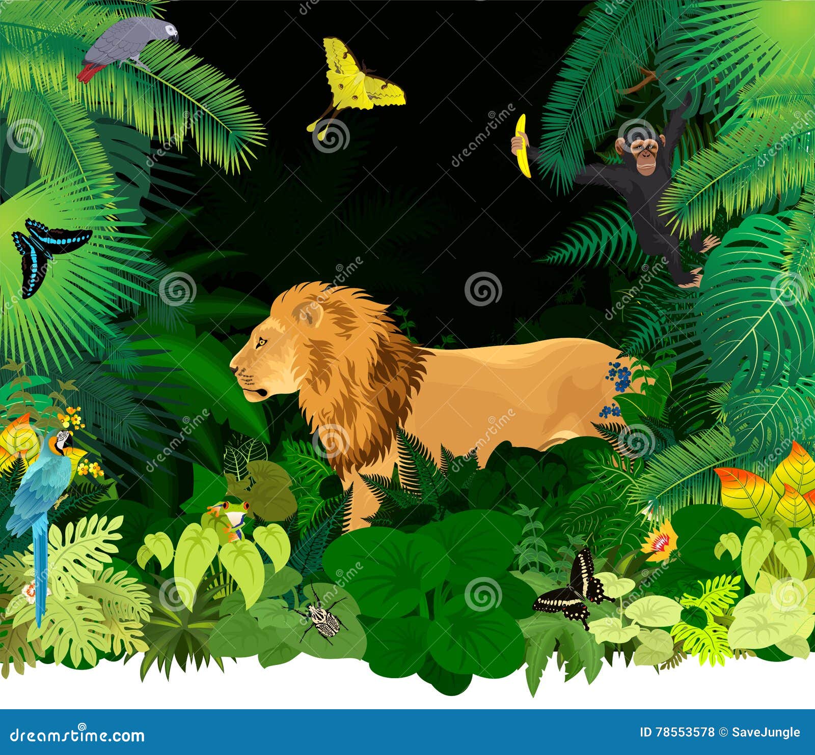  african rainforest jungle with lion and different animals