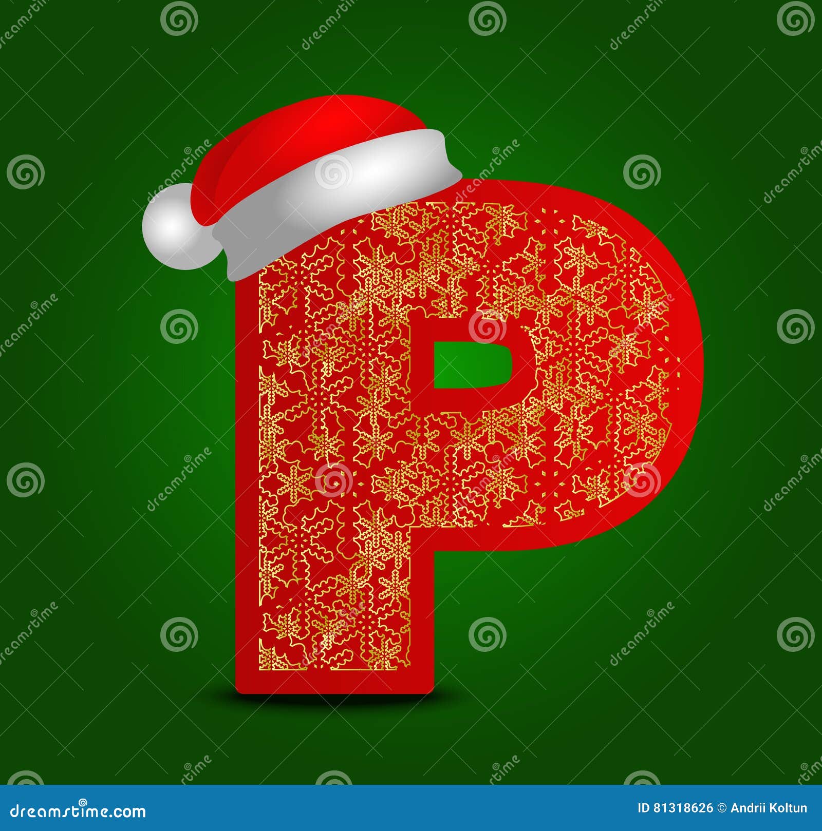 vector alphabet letter p with christmas hat and gold snowflakes stock