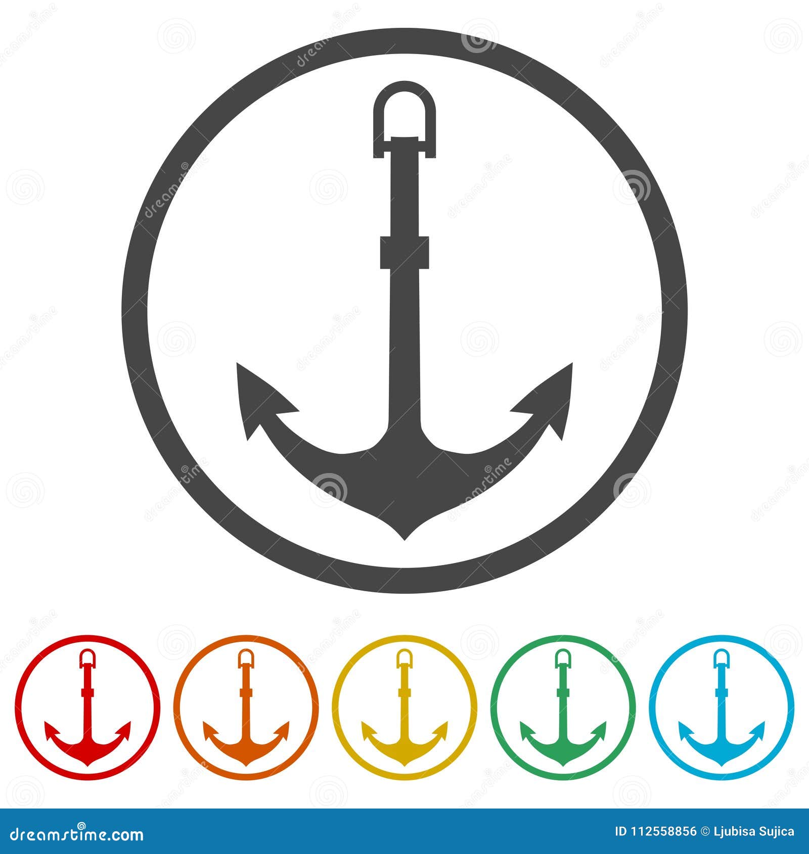Vector Anchor Icon, Ship Anchor or Boat Anchor Flat Icon, 6 Colors