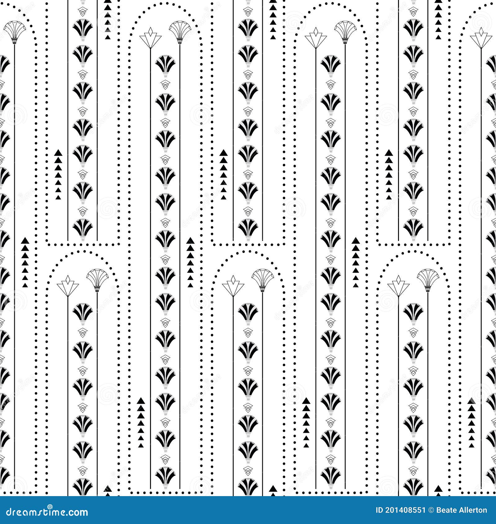  art deco architecture inspired vertical geometric lines, flowers and triangles. black and white seamless pattern