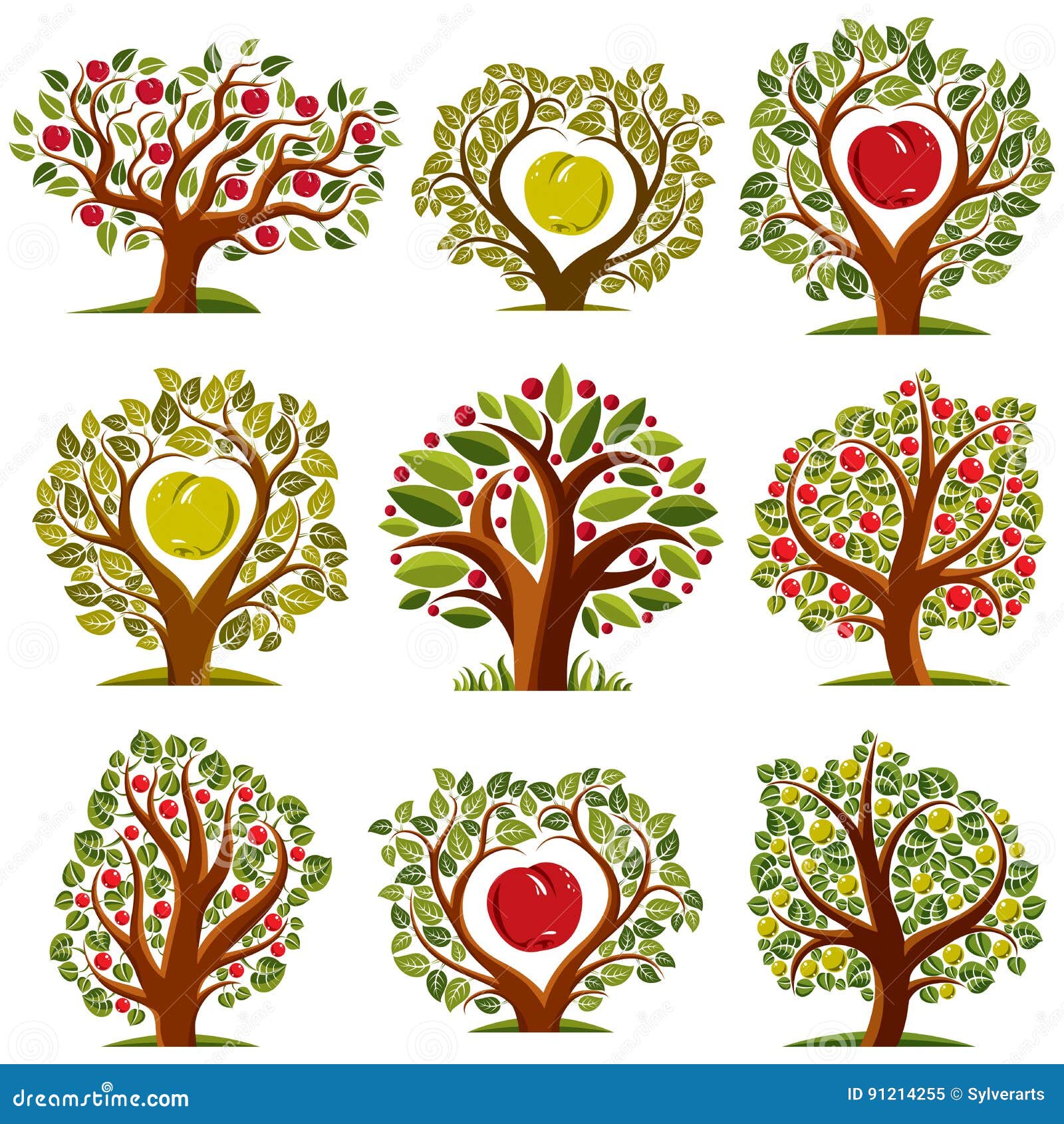  art drawn trees with ripe apples. harvest season idea eco