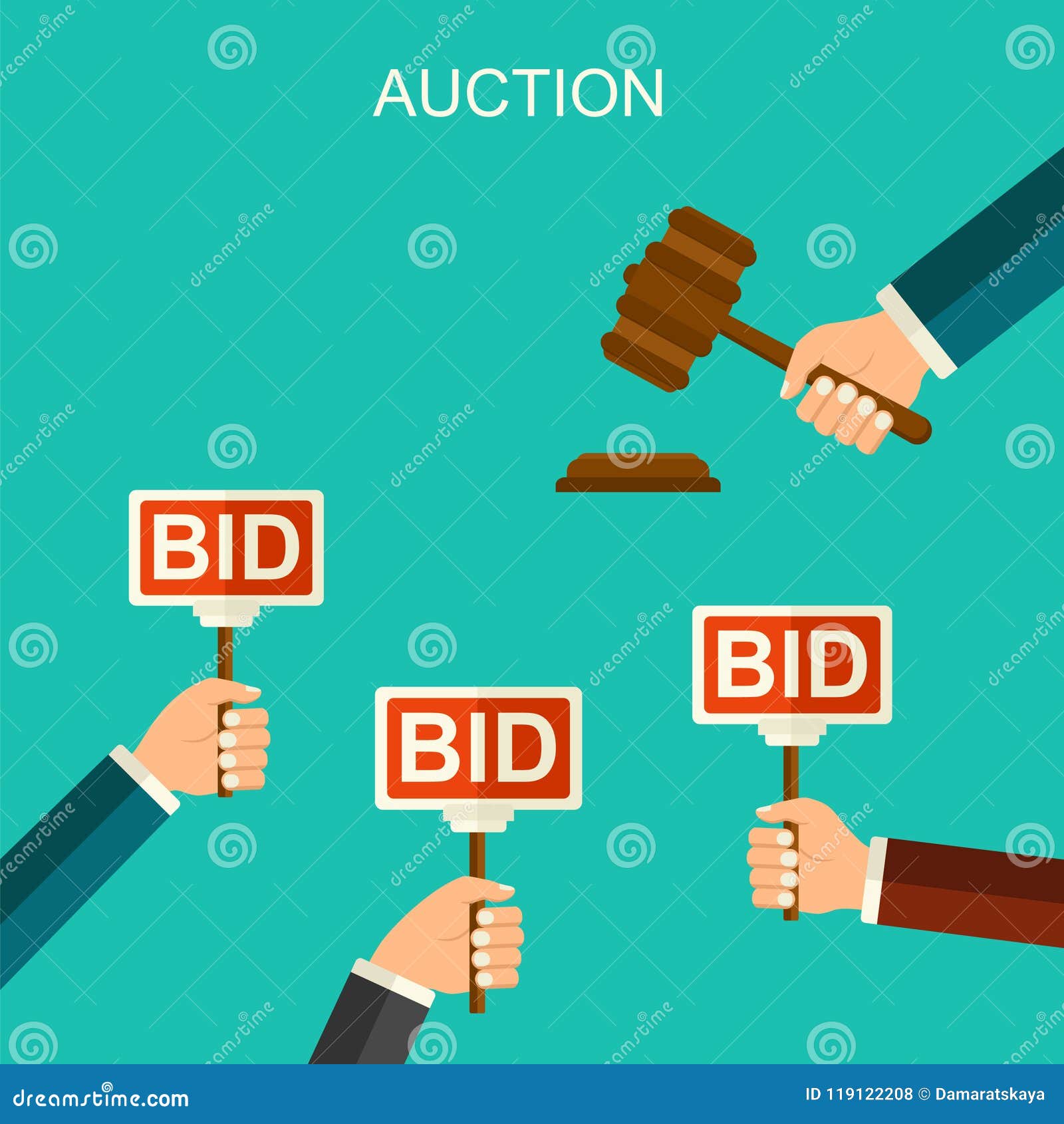 Vector Auction and Bidding Concept. Hand Holding Auction Paddle. Flat